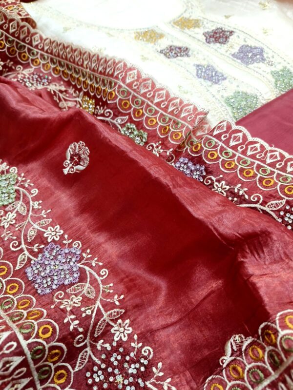 Elegant Handcrafted Crushed Silk Suit – Cream & Maroon with Intricate Stone & Thread Embellishments