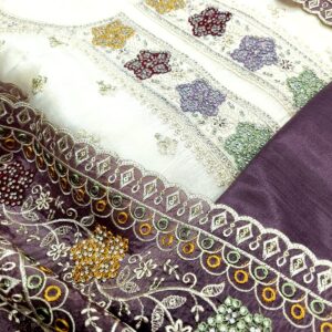 Luxury Handcrafted Crushed Silk Suit – Cream & Violet with Stone & Thread Embellishments