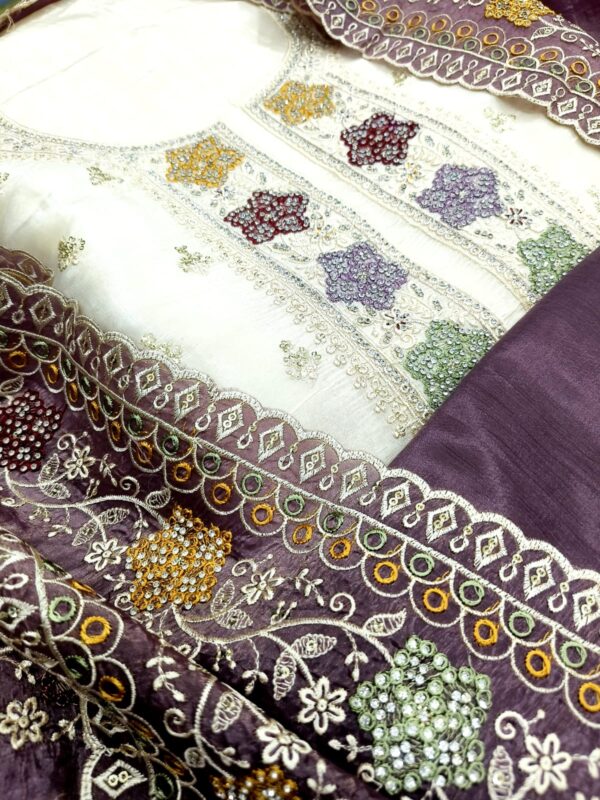 Luxury Handcrafted Crushed Silk Suit – Cream & Violet with Stone & Thread Embellishments
