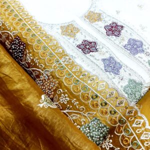 Handcrafted Crushed Silk Suit Set – Cream & Mustard with Intricate Stone & Thread Embroidery