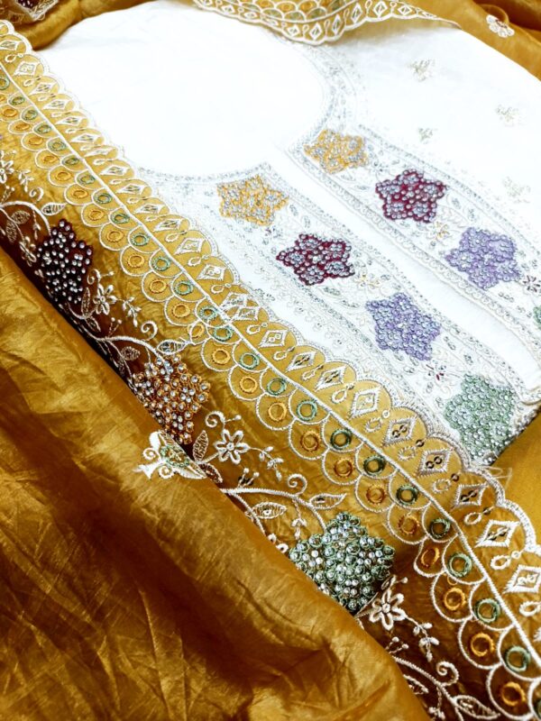 Handcrafted Crushed Silk Suit Set – Cream & Mustard with Intricate Stone & Thread Embroidery