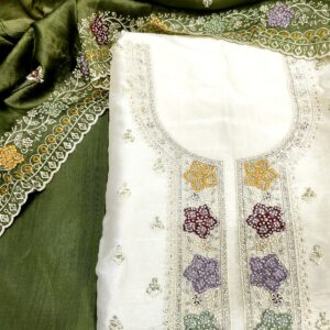 Artisan Crushed Silk Suit Set – Cream & Green | Handcrafted with Stone & Thread Embroidery