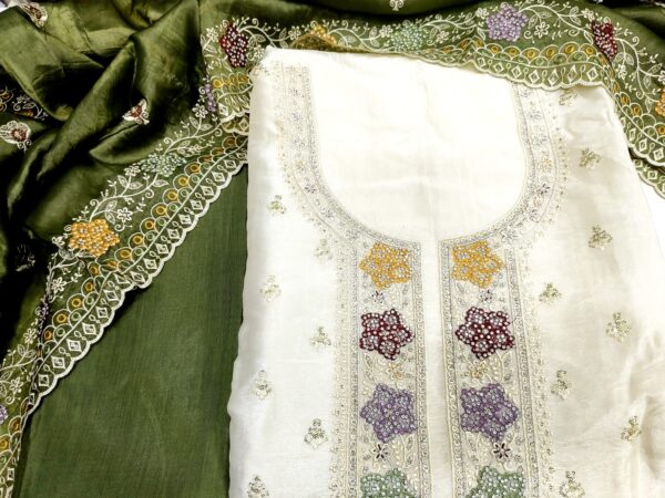Artisan Crushed Silk Suit Set – Cream & Green | Handcrafted with Stone & Thread Embroidery