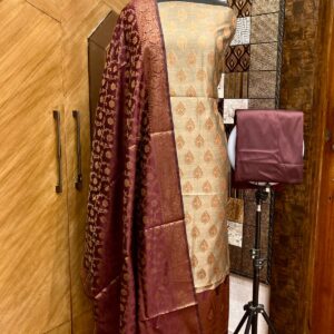 Heritage Grace: Handcrafted Banarasi Cotton Silk Suit with Zari Weaving – Beige & Maroon | Unstitched 2.5m Set