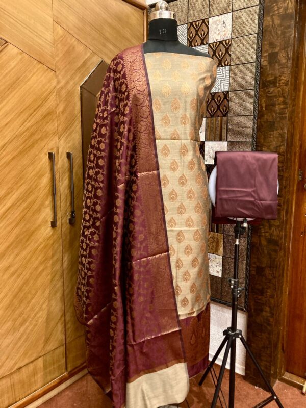 Heritage Grace: Handcrafted Banarasi Cotton Silk Suit with Zari Weaving – Beige & Maroon | Unstitched 2.5m Set