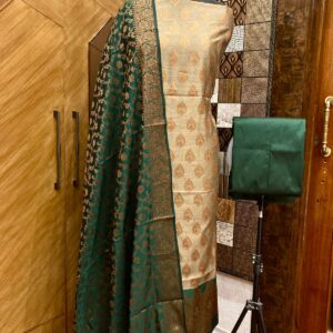 Forest Grace – Handcrafted Banarasi Cotton Silk Zari Suit | Beige & Dark Green | Unstitched 2.5m Set