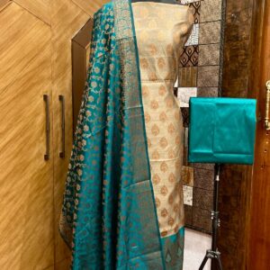 Teal Serenity – Handcrafted Banarasi Cotton Silk Zari Suit Set | Beige & Teal | Unstitched 2.5m