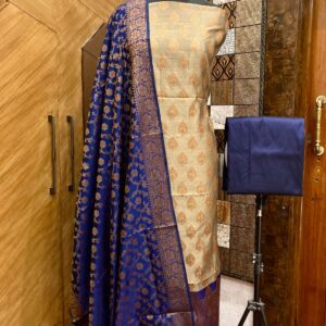 Royal Radiance – Handcrafted Banarasi Cotton Silk Zari Suit Set | Beige & Royal Blue | Unstitched 2.5m