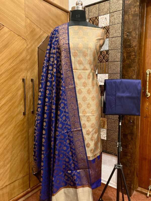 Royal Radiance – Handcrafted Banarasi Cotton Silk Zari Suit Set | Beige & Royal Blue | Unstitched 2.5m