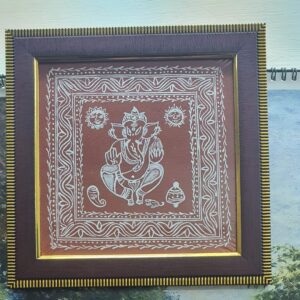 Wooden Framed Handpainted Lord Ganesha Aipan Art on Canvas – Uttarakhand Folk Wall Décor
