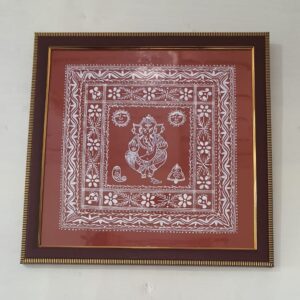 Handpainted Lord Ganesha Aipan Art on Canvas – 35cm Framed Uttarakhand Cultural Wall Hanging
