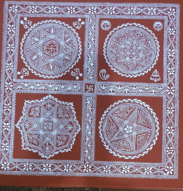 Handpainted 4 Chowki Aipan Art on Hardboard – 1.5ft Traditional Uttarakhand Folk Design