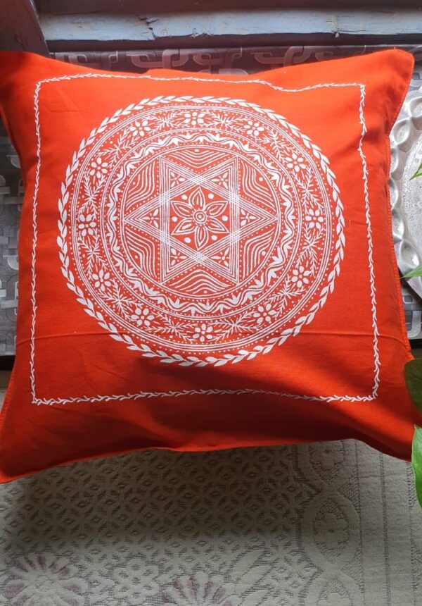 Set of 5 Handpainted Cotton Cushion Covers – Maa Lakshmi Chowki in Traditional Uttarakhand Aipan Art (40cm x 40cm)