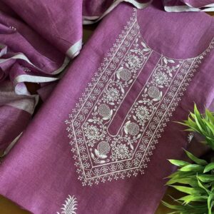 Elegant Plum Bhagalpuri Linen Embroidered Suit Set – Handcrafted Grace