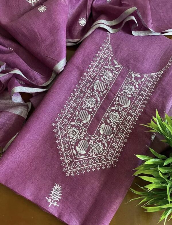 Elegant Plum Bhagalpuri Linen Embroidered Suit Set – Handcrafted Grace