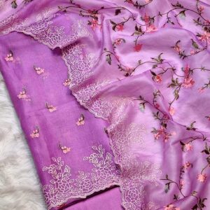 Handcrafted Purple Banarasi Organza Silk Suit Set with Meena Booti & Cutwork Dupatta