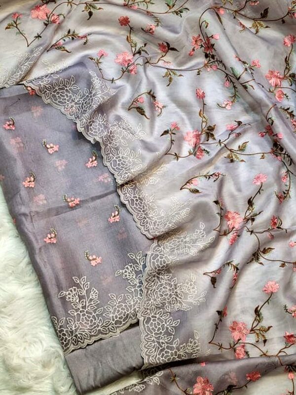 Elegant Grey Banarasi Organza Silk Suit Set with Meena Booti & Cutwork Dupatta – Handcrafted Luxury