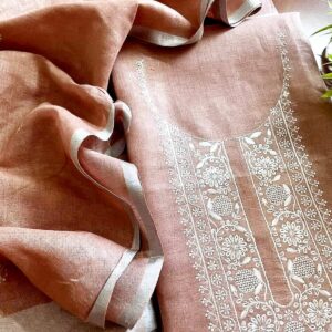 Handcrafted Peach Bhagalpuri Linen Embroidered Suit Set – Subtle Elegance in Every Thread