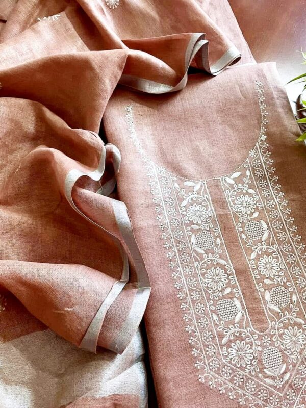 Handcrafted Peach Bhagalpuri Linen Embroidered Suit Set – Subtle Elegance in Every Thread