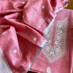Rose Pink Bhagalpuri Linen Embroidered Handcrafted Suit Set – Grace in Every Detail