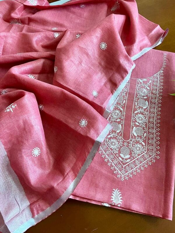 Rose Pink Bhagalpuri Linen Embroidered Handcrafted Suit Set – Grace in Every Detail