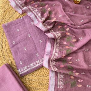 Dusty Rose Bhagalpuri Linen Embroidered Suit Set – Handcrafted Charm in Soft Hues