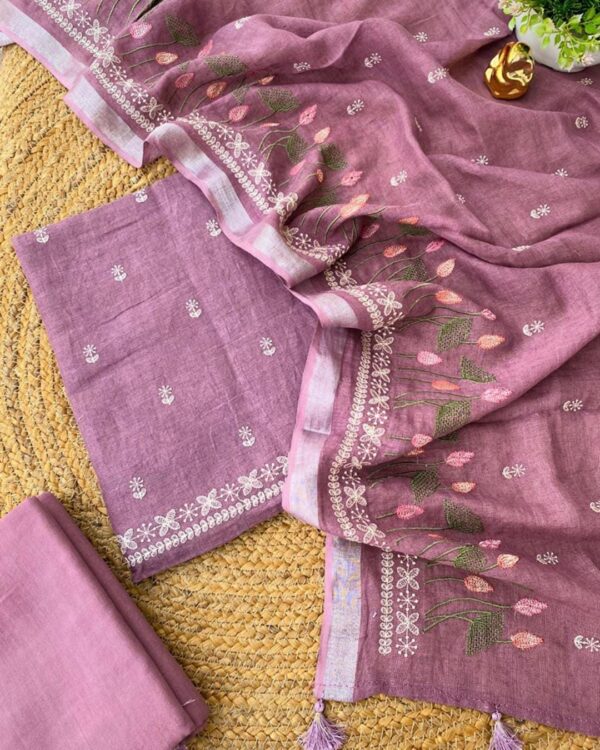 Dusty Rose Bhagalpuri Linen Embroidered Suit Set – Handcrafted Charm in Soft Hues