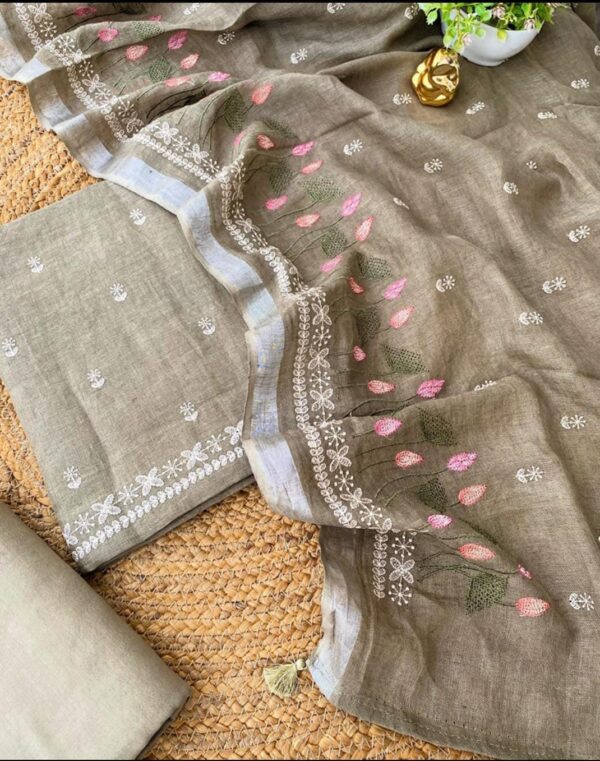 Muted Brown Handcrafted Bhagalpuri Linen Suit Set – Earthy Elegance with Embroidered Detail