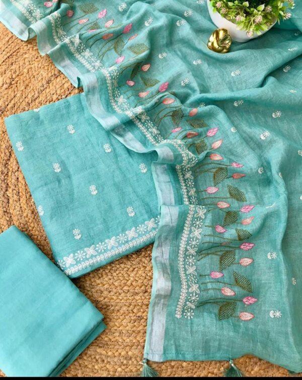 Teal Bhagalpuri Linen Handcrafted Embroidered Suit Set – Woven Elegance, Naturally Chic