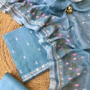 Dusty Blue Bhagalpuri Linen Handcrafted Suit Set – Soft Hues, Subtle Embroidery