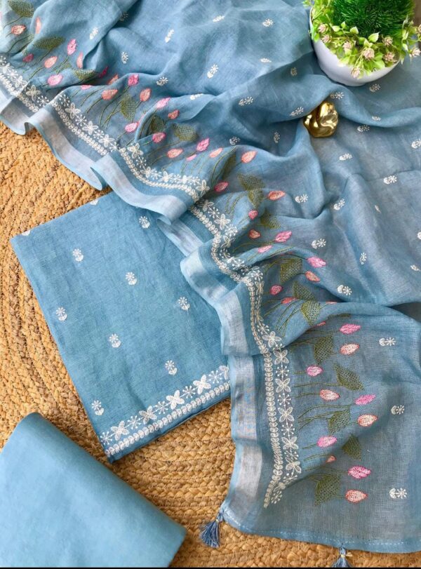 Dusty Blue Bhagalpuri Linen Handcrafted Suit Set – Soft Hues, Subtle Embroidery
