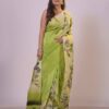 Meadow Grace Light Green Semi Murshidabad Bapta Silk Saree – Handblock Floral Motifs with Blouse