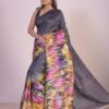 Twilight Garden Grey Semi Murshidabad Bapta Silk Saree – Vibrant Floral Handblock Pallu with Blouse