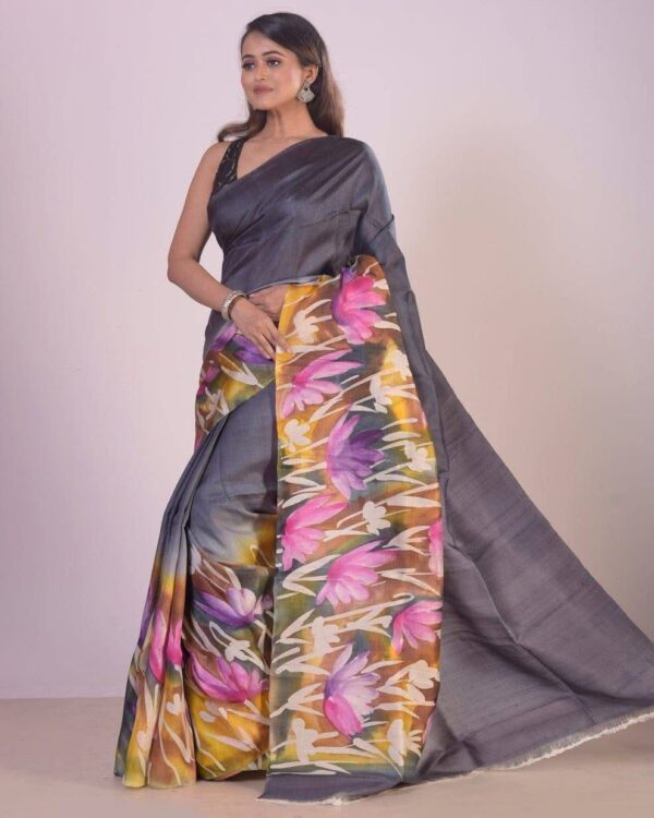 Twilight Garden Grey Semi Murshidabad Bapta Silk Saree – Vibrant Floral Handblock Pallu with Blouse