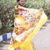 Sunlit Blossom Yellow Semi Murshidabad Bapta Silk Saree – Handblock Floral Print with Blouse