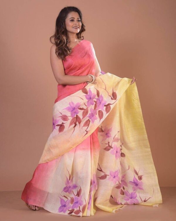 Sunset Bloom Semi Murshidabad Bapta Silk Saree – Pink, Yellow & Cream with Purple Handblock Florals + Blouse