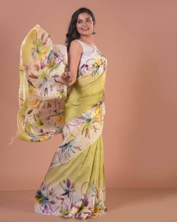 Lime Whisper Semi Murshidabad Bapta Silk Saree – Handblock Floral Print in Yellow, Purple & Blue with Blouse