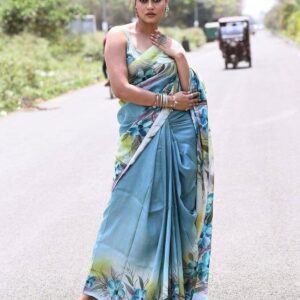Summer Bloom Blue Semi Murshidabad Bapta Silk Saree – Handblock Printed Elegance with Blouse