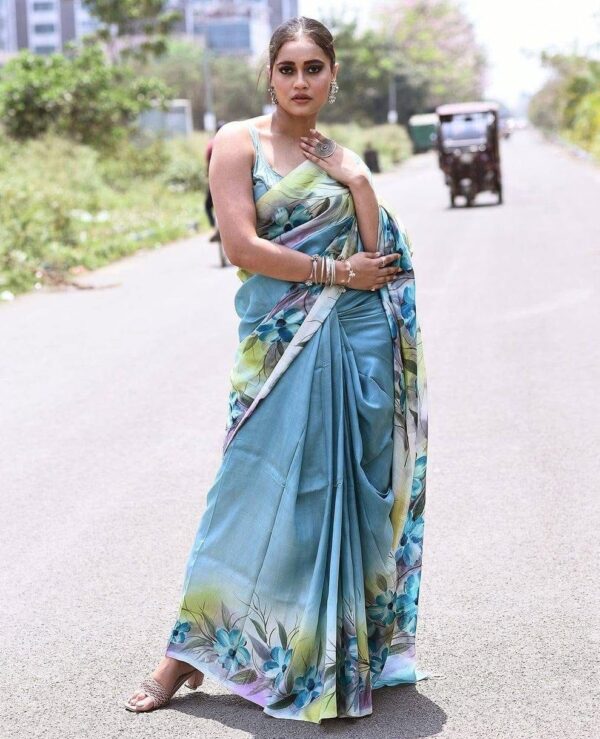 Summer Bloom Blue Semi Murshidabad Bapta Silk Saree – Handblock Printed Elegance with Blouse