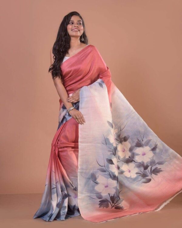 Blush Mist Semi Murshidabad Bapta Silk Saree – Pink & Light Blue-Grey with White Floral Handblock Prints + Blouse
