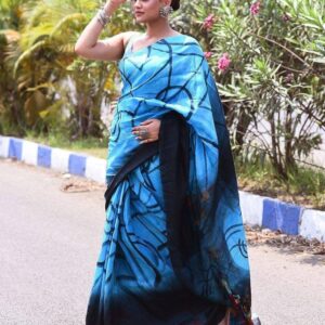 Indigo Drift Semi Murshidabad Bapta Silk Saree – Blue with Black Abstract Handblock Print + Blouse