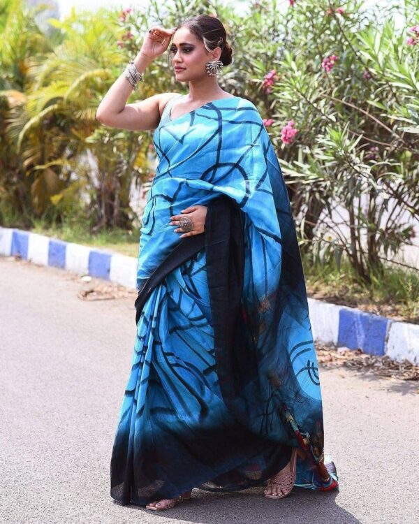 Indigo Drift Semi Murshidabad Bapta Silk Saree – Blue with Black Abstract Handblock Print + Blouse