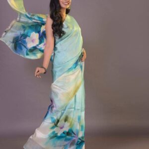 Aqua Serenity Semi Murshidabad Bapta Silk Saree – Handblock Floral Elegance with Blouse