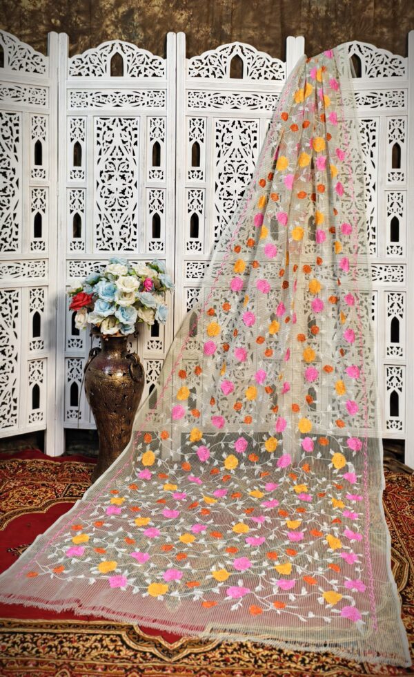 Handcrafted Elegant Resham Kota Embroidered Floral Silk Saree – Cream Base (No Blouse Piece)
