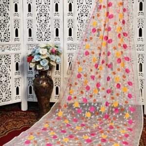 White Resham Kota Silk Saree with Hand Embroidered Vibrant Floral Design – No Blouse Piece