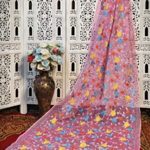 Blush Pink Resham Kota Hand-Embroidered Silk Saree – Vibrant Multicolor Threadwork (No Blouse Piece)