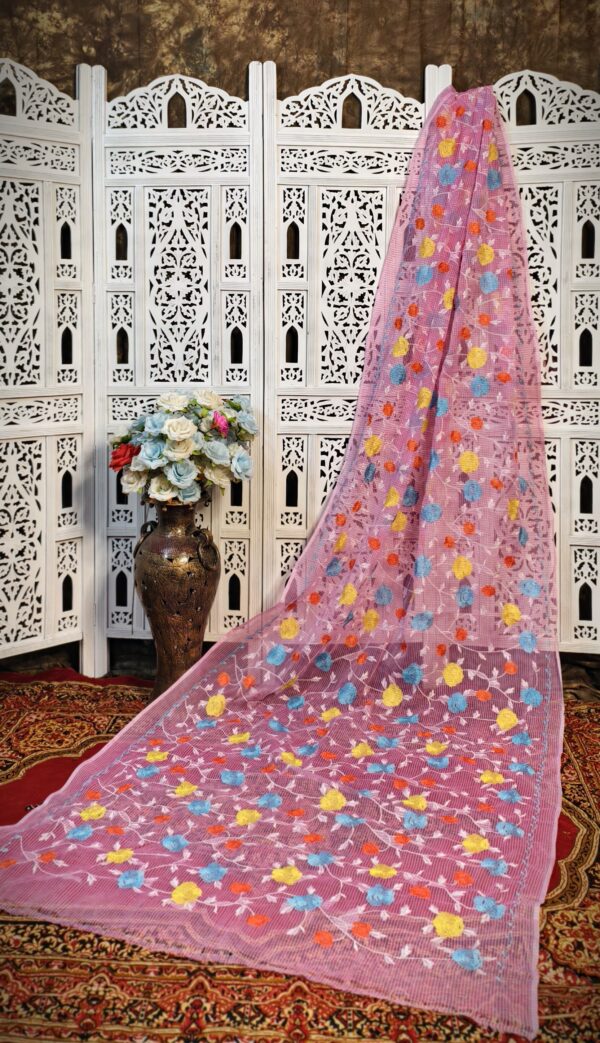 Blush Pink Resham Kota Hand-Embroidered Silk Saree – Vibrant Multicolor Threadwork (No Blouse Piece)