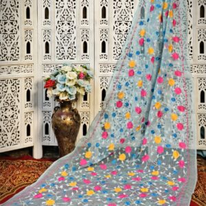 Sky Blue Resham Kota Silk Saree with Handcrafted Multicolor Floral Embroidery – No Blouse Piece