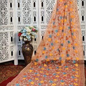 Light Orange Resham Kota Silk Saree with Hand Embroidered Floral Accents – No Blouse Piece