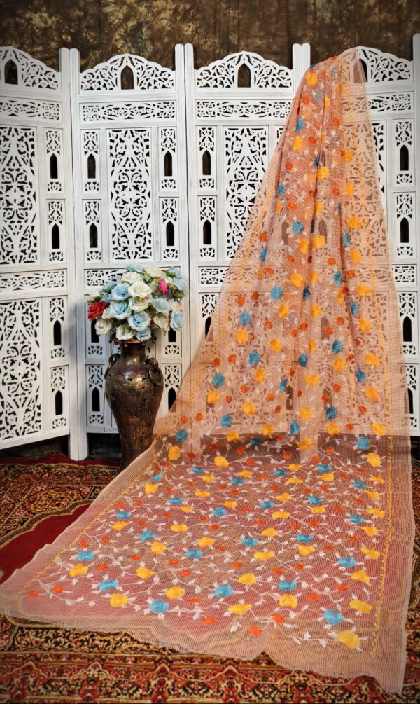 Light Orange Resham Kota Silk Saree with Hand Embroidered Floral Accents – No Blouse Piece